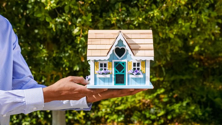 Person holding a miniature wooden house