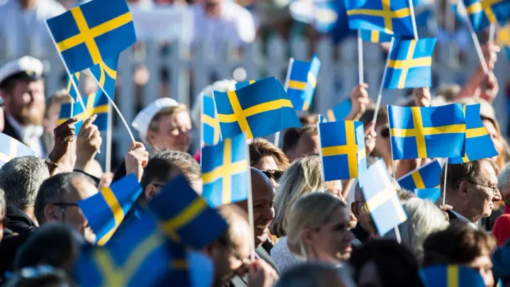 Swedish citizens holding up flags 