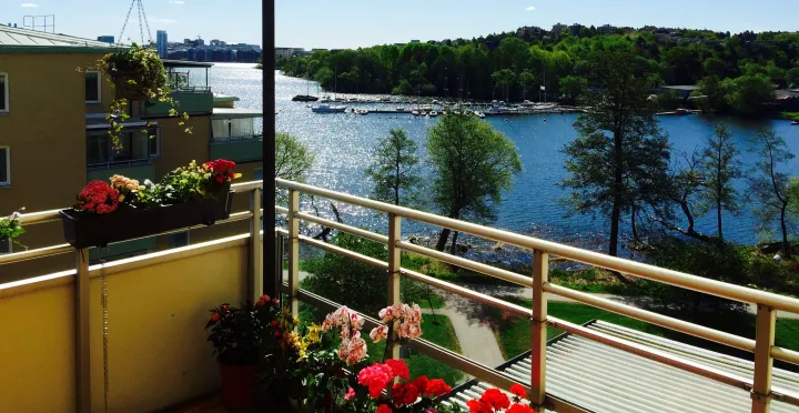 Photo from a balcony overlooking a nice waterfront, shot from Bromma in Stockholm, Sweden