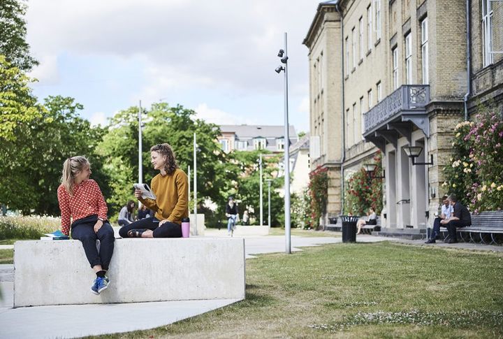 Two students sit atop a stone, engaged in conversation, at the University of Copenhagen