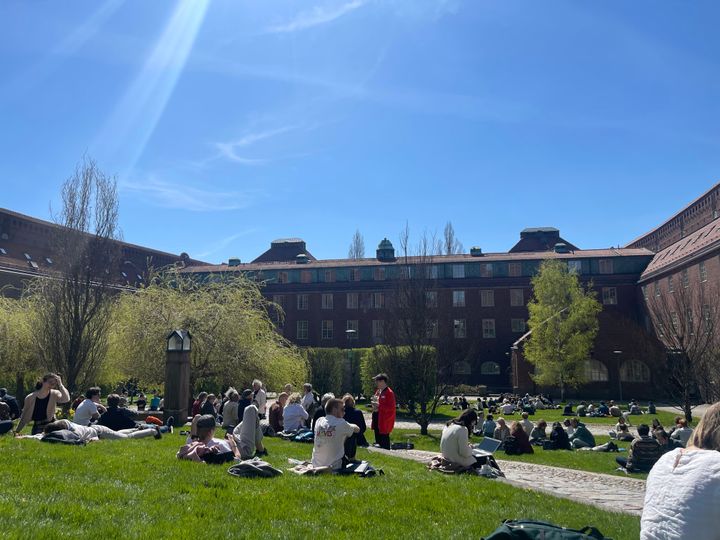 Students lounging on the grass in one of the common areas at KTH Royal Institute of Technology in Stockholm, Sweden