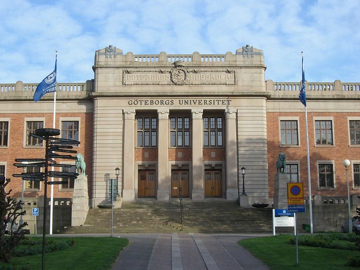 Frontal view of the main campus building at University of Gothenburg in Sweden